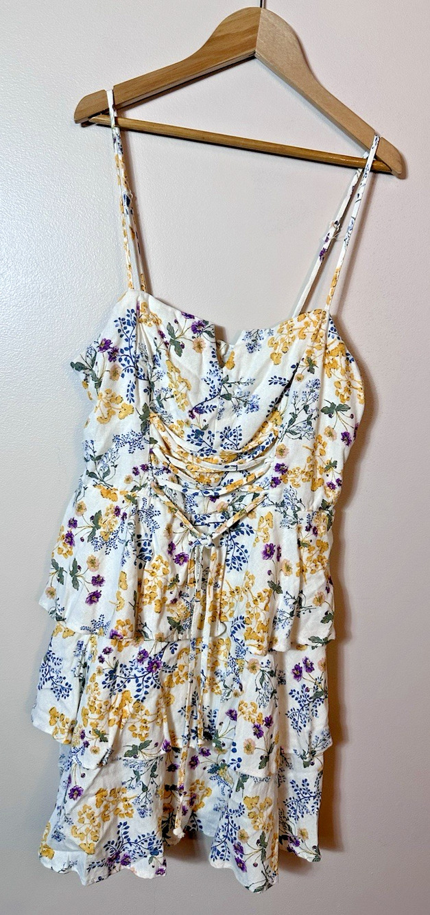 Trixxi Dress Large White Floral Linen Blend Corset Lace Spaghetti Strap Fairy L
